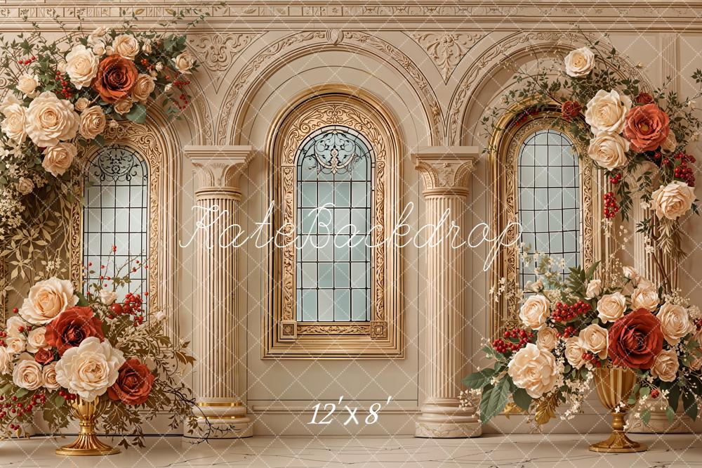 Kate Floral Arch Columns Gold Windows Fleece Backdrop Designed by Emetselch -UK