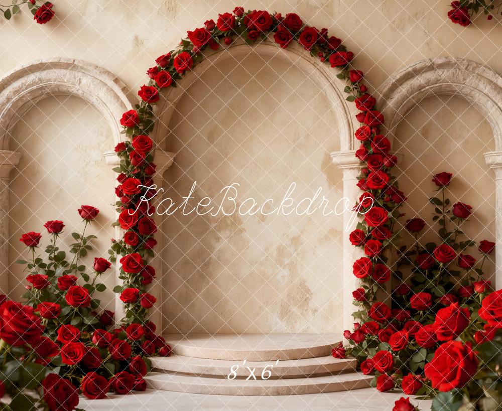 Kate Flower Arch Red Roses Columns Fleece Backdrop Designed by Emetselch -UK