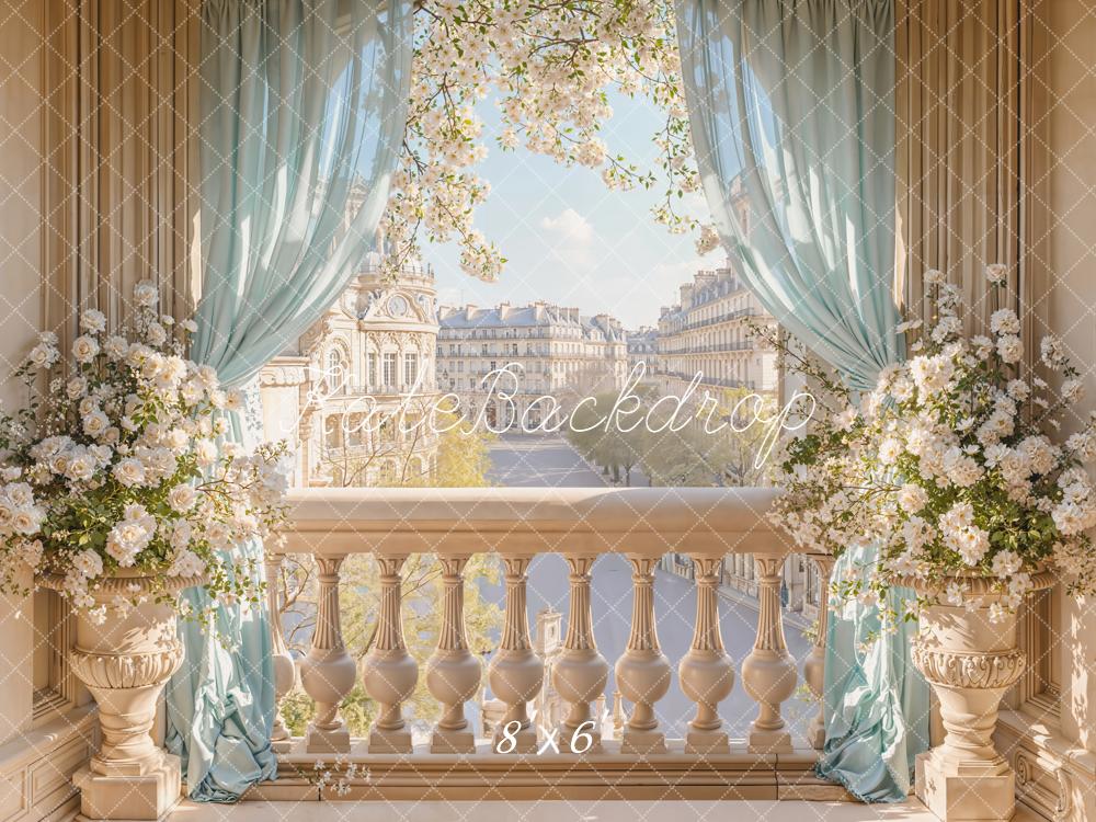Kate Spring Balcony Cityscape Blue Curtains Backdrop Designed by Emetselch