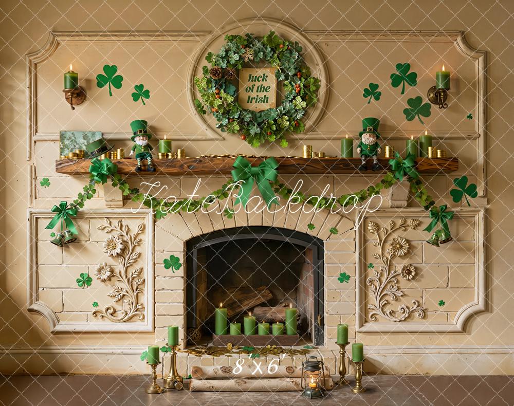 Kate Shamrock Fireplace Green Candles Garland Fleece Backdrop Designed by Emetselch