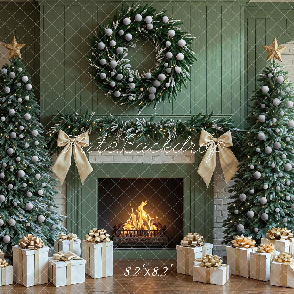Kate Green Christmas Fireplace Trees Wreath Presents Backdrop Designed by Mini MakeBelieve -UK