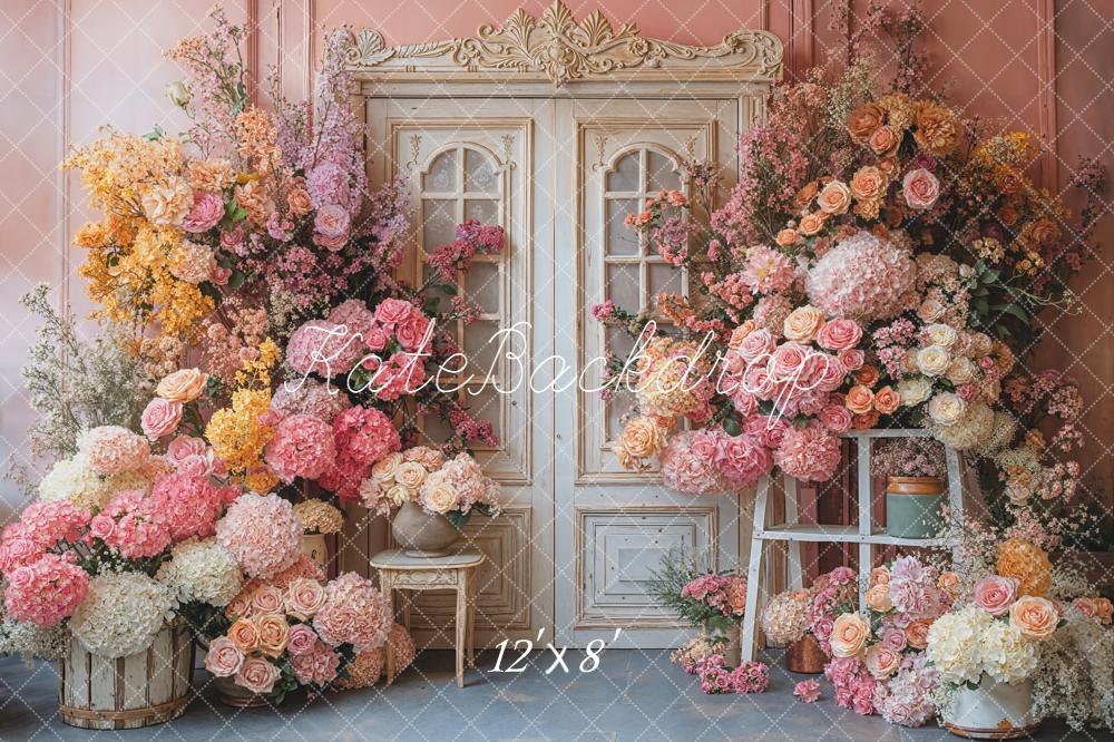 Kate Spring Flower Arch Vintage Door Pink Fleece Backdrop Designed by Emetselch -UK