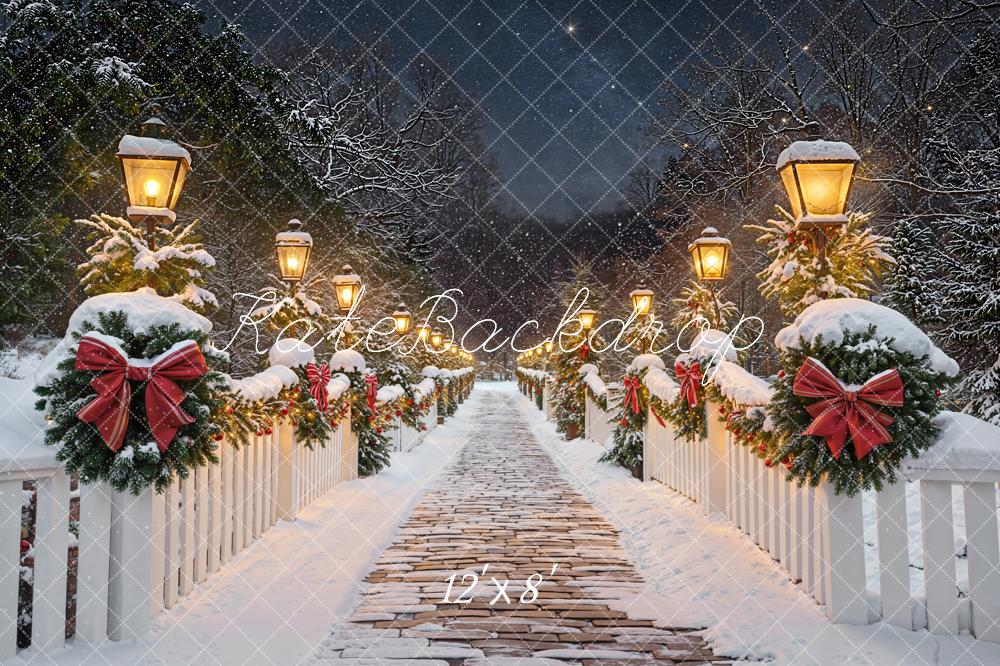 Kate Christmas Snowy Bridge Lanterns Fleece Backdrop Designed by Emetselch -UK
