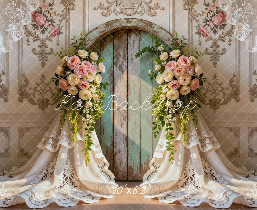 Kate Wedding Roses Rustic Door Lace Curtains Backdrop Designed by Mini MakeBelieve -UK