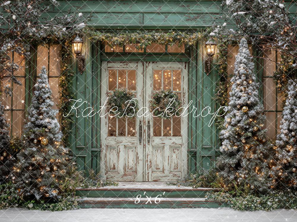 Kate Christmas Snow Frosted Trees Door Green Backdrop Designed by Ashley Paul