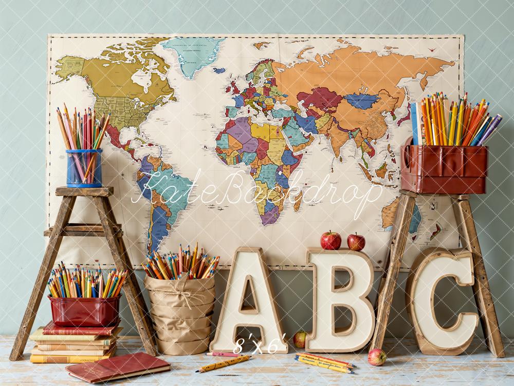 Kate Back To School World Map Pencils Backdrop Designed by Emetselch -UK