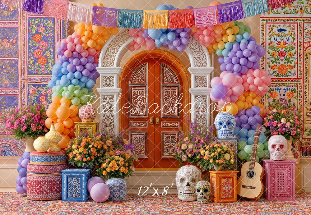 Kate Day Of The Dead Colourful Balloons Skulls Fleece Backdrop Designed by Emetselch -UK