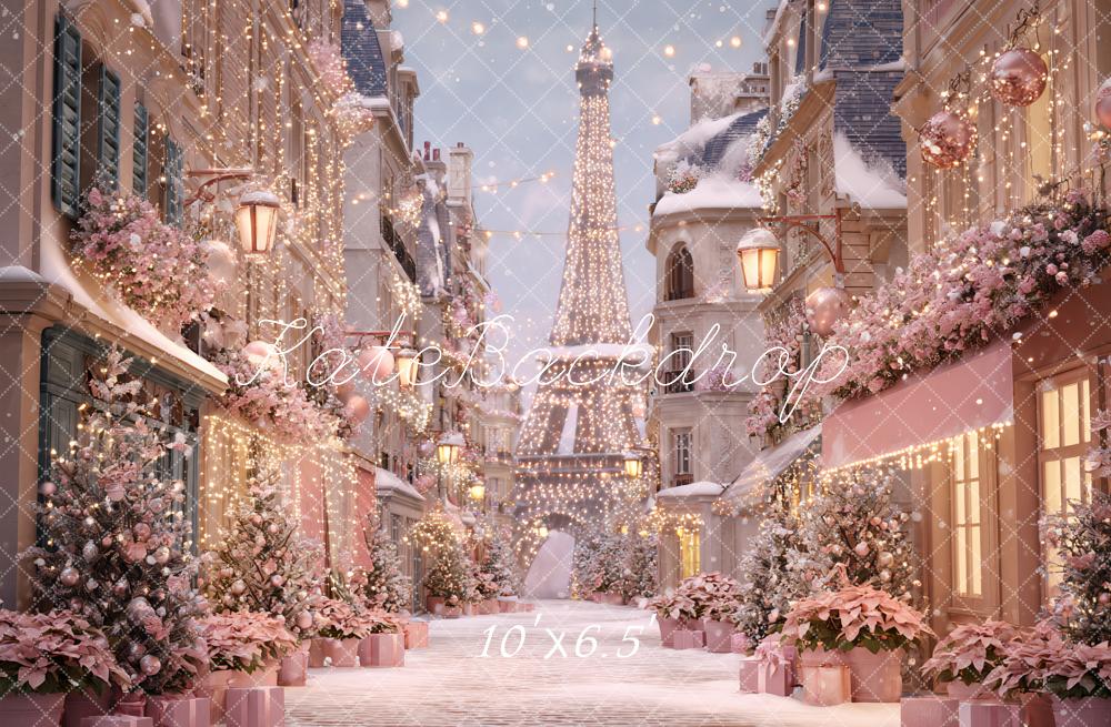 Kate Christmas Street Eiffel Tower Pink Backdrop Designed by Ashley Paul