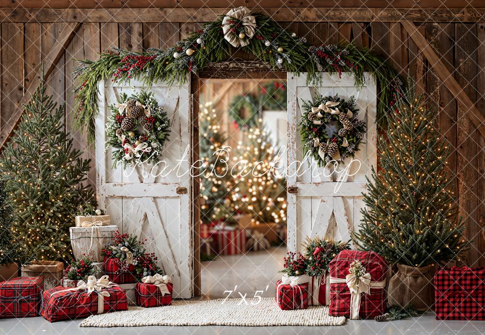 Kate Christmas White Barn Trees Gifts Backdrop Designed by Emetselch -UK