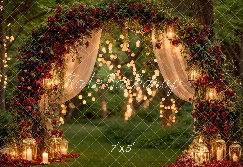 Kate Valentine Roses Arch Fairy Lights Forest Backdrop Designed by Emetselch