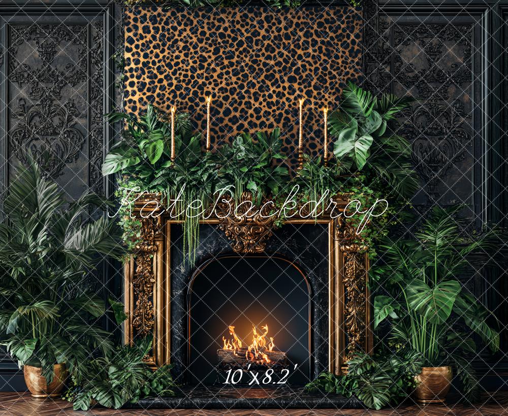 Kate Leopard Fireplace Greenery Backdrop Designed by Ashley Paul