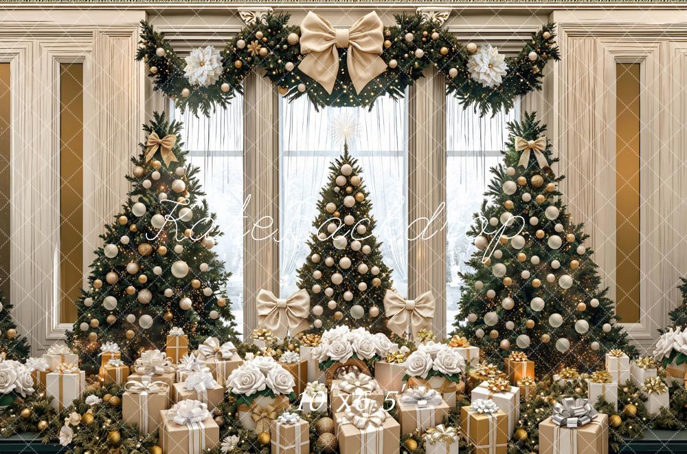 Kate Christmas Trees Gold Bows Gifts Backdrop Designed by Mini MakeBelieve