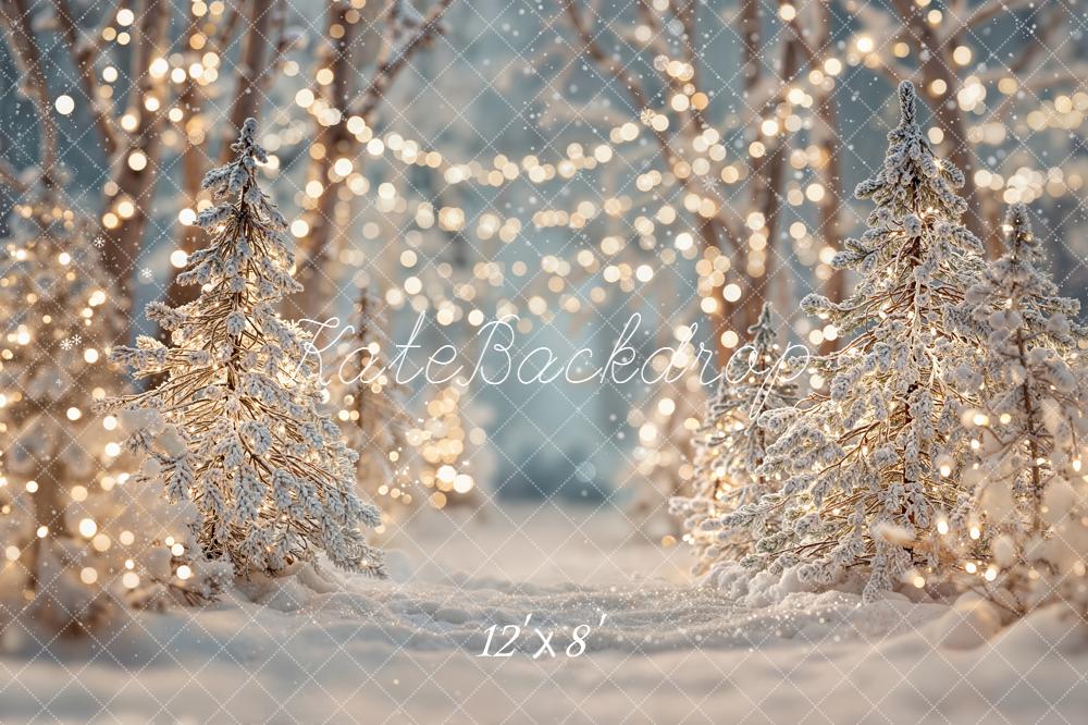 Kate Winter Snow Trees Fairy Lights Backdrop Designed by Emetselch