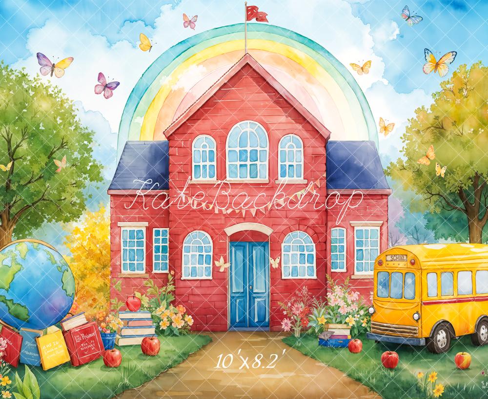 Kate Back To School Red house Bus Rainbow Backdrop Designed by Emetselch -UK