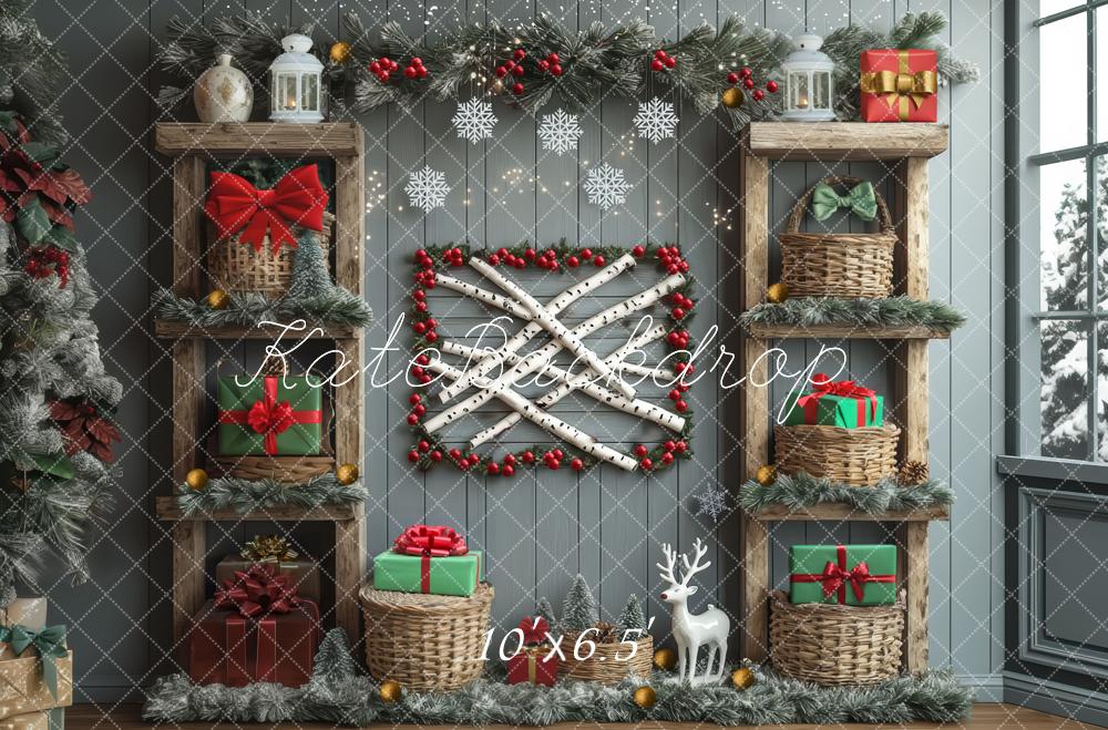 Kate Christmas Grey Wooden Shelves Presents Backdrop Designed by Mini MakeBelieve -UK