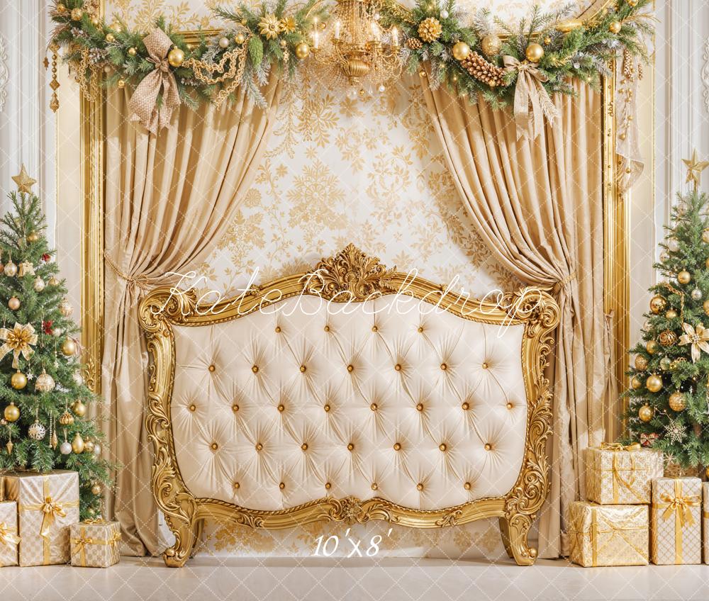 Kate Gold Christmas Headboard Curtains Fleece Backdrop Designed by Emetselch -UK