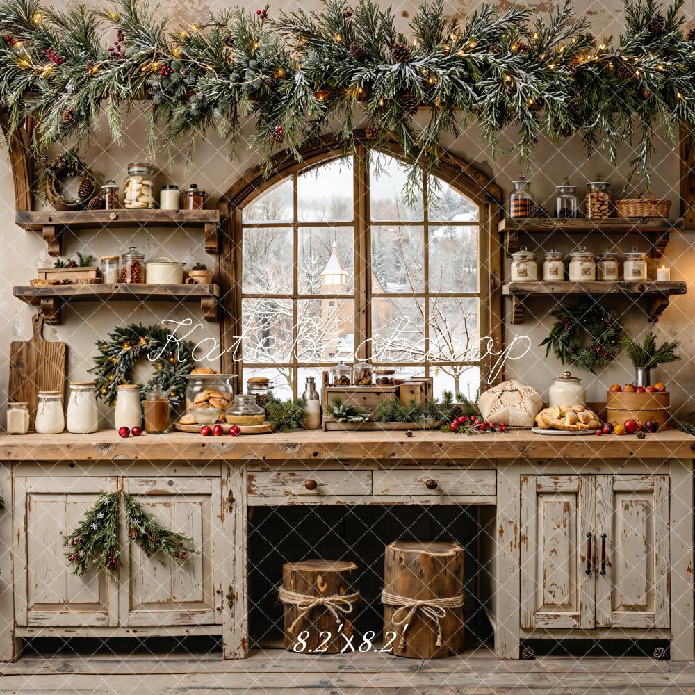 Kate Christmas Kitchen Rustic Window Garland Backdrop Designed by Emetselch -UK