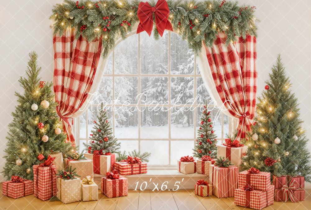 Kate Christmas Window Red Plaid Curtains Presents Fleece Backdrop Designed by Emetselch -UK