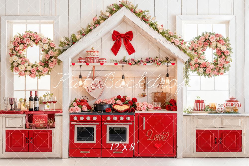 Kate Valentine Kitchen Red Oven Floral Decor Backdrop Designed by Emetselch