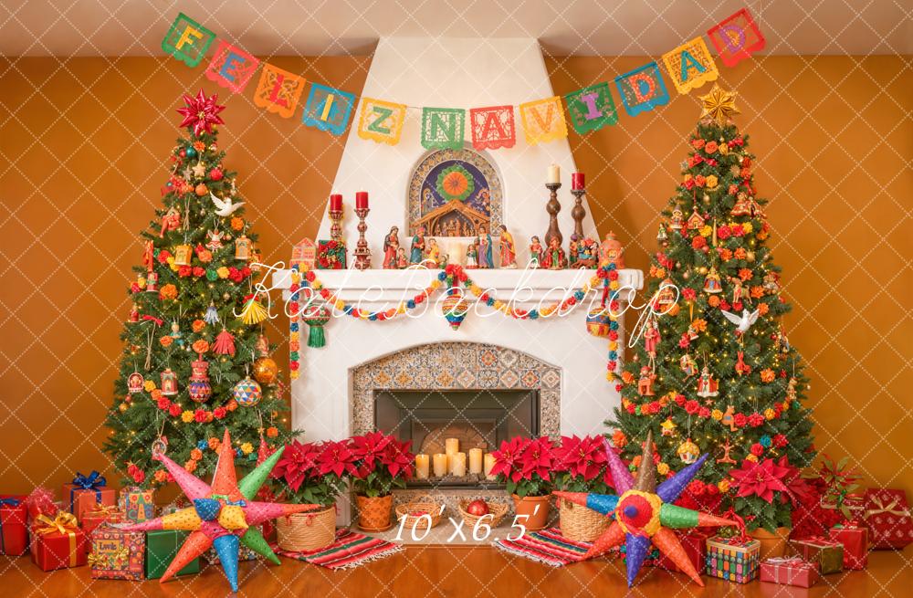 Kate Christmas Fireplace Festive Trees Piñatas Backdrop Designed by Emetselch -UK