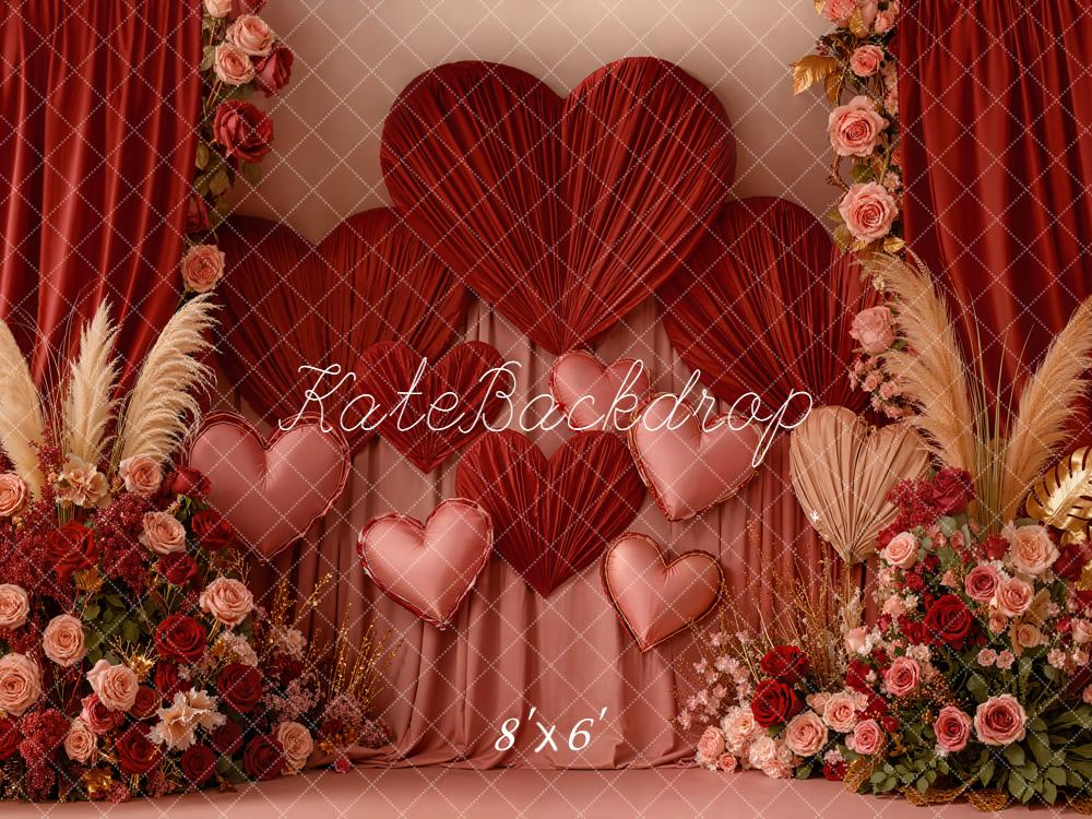 Kate Valentine Hearts Floral Arrangement Red Curtains Backdrop Designed by Emetselch