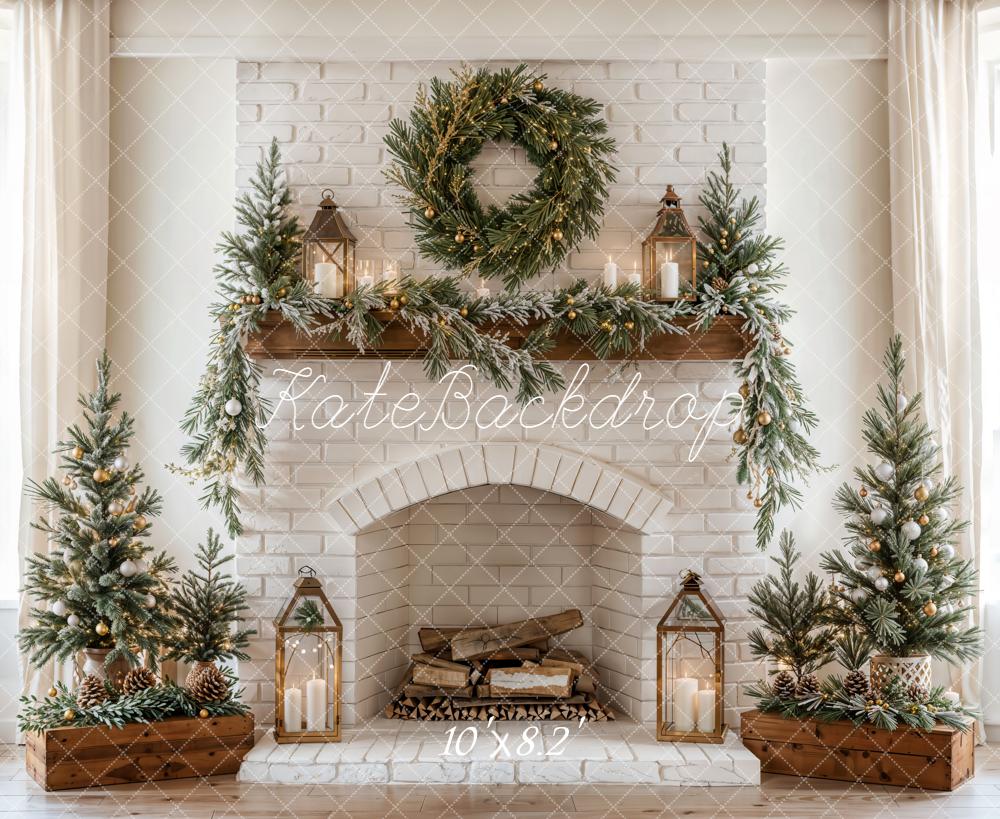 Kate Christmas Fireplace Wreath Lanterns Fleece Backdrop Designed by Emetselch -UK