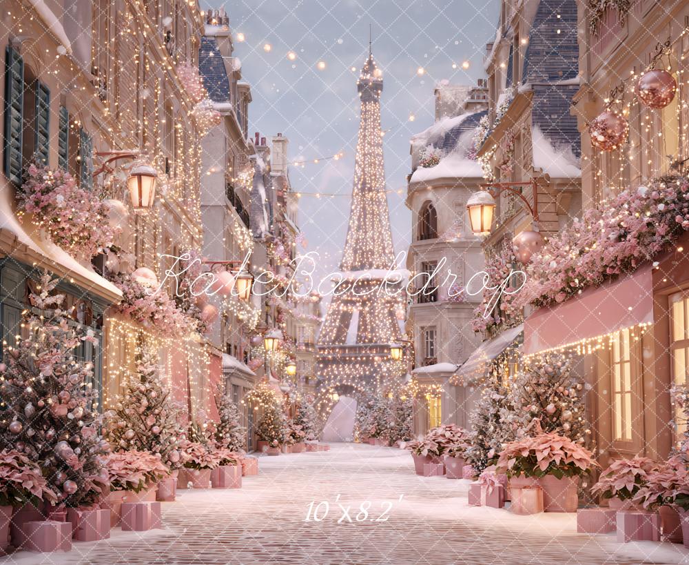 Kate Christmas Street Eiffel Tower Pink Backdrop Designed by Ashley Paul