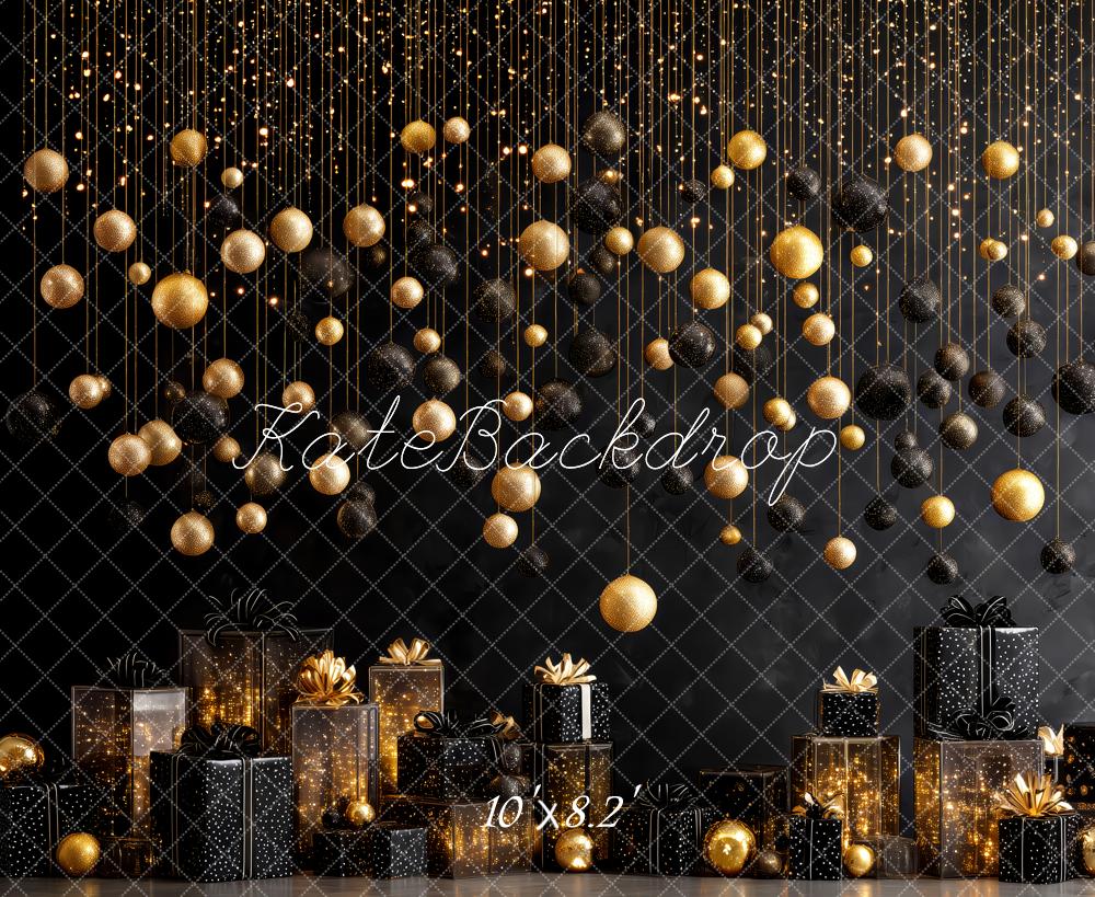 Kate Christmas Gold Black Baubles Presents Backdrop Designed by Patty Robert