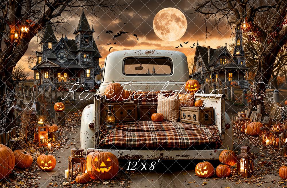 Kate Halloween Truck Haunted House Pumpkins Fleece Backdrop Designed by Emetselch -UK