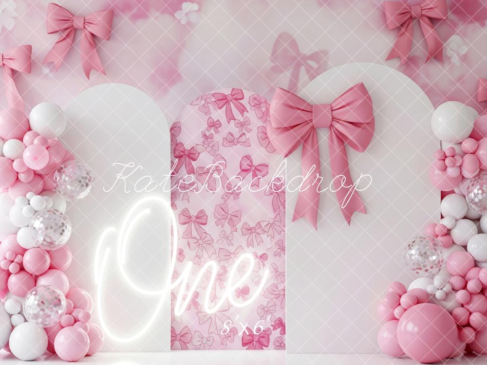 Kate 1st Birthday Pink Bows Balloons Arch Backdrop Designed by Patty Robert