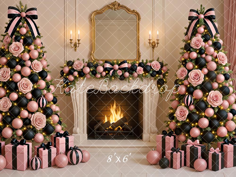 Kate Christmas Pink Black Trees Fireplace Backdrop Designed by Ashley Paul