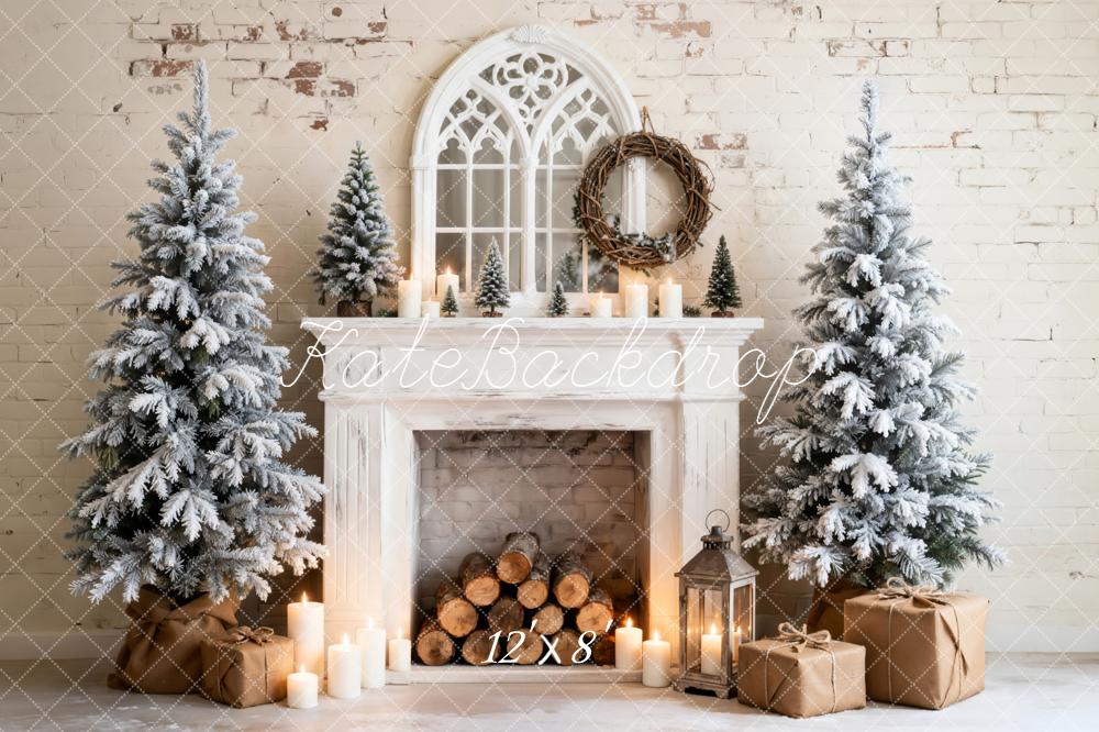 Kate Christmas Fireplace Snowy Trees Candles Fleece Backdrop Designed by Emetselch