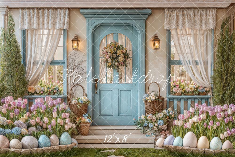 Kate Easter Eggs Pastel Floral Blue Door Backdrop Designed by Emetselch -UK