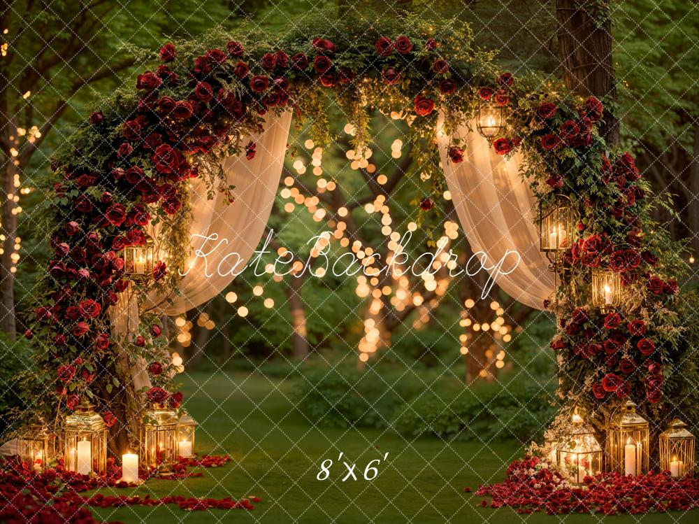 Kate Valentine Roses Arch Fairy Lights Forest Backdrop Designed by Emetselch