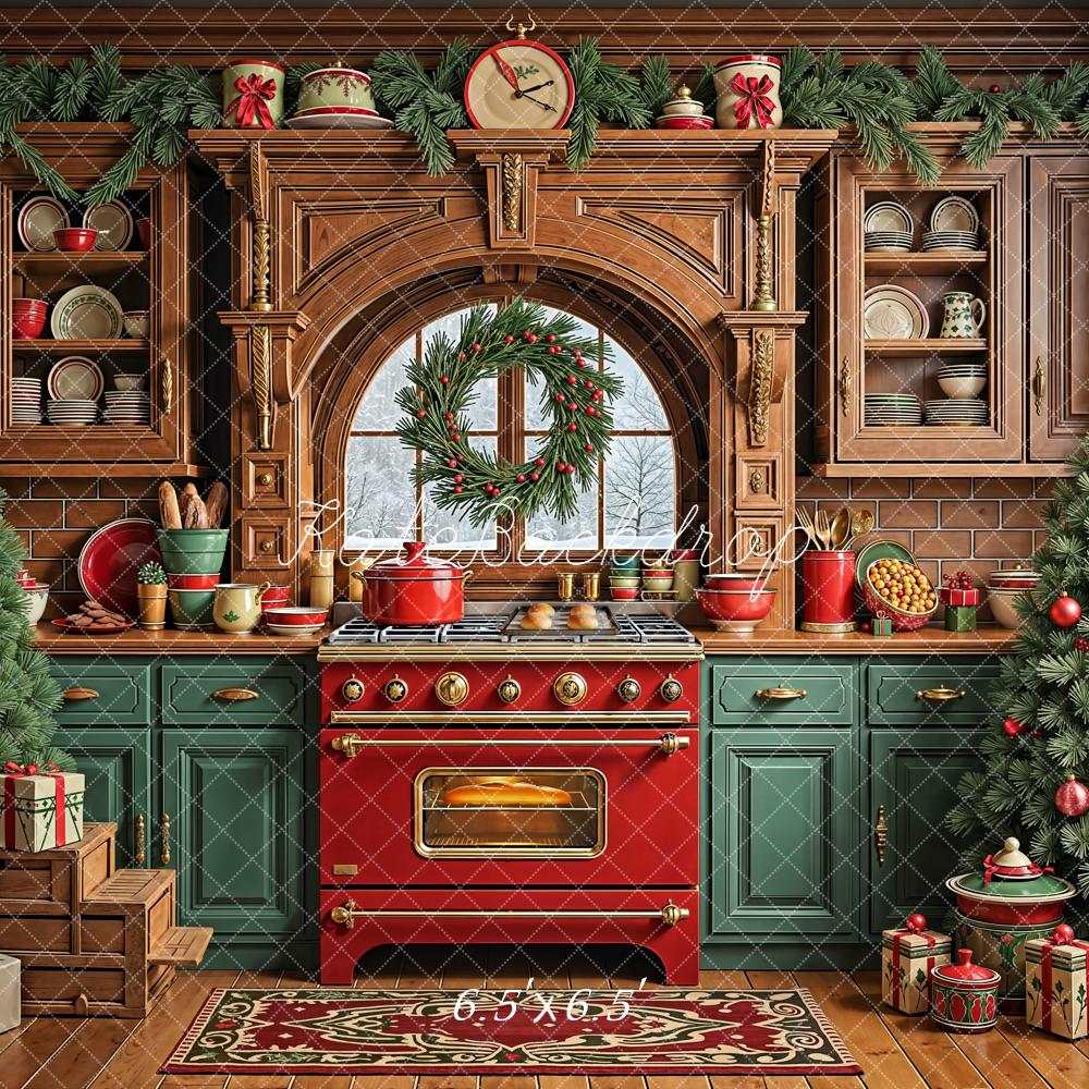 Kate Christmas Kitchen Wreath Decorated Trees Backdrop Designed by Emetselch -UK
