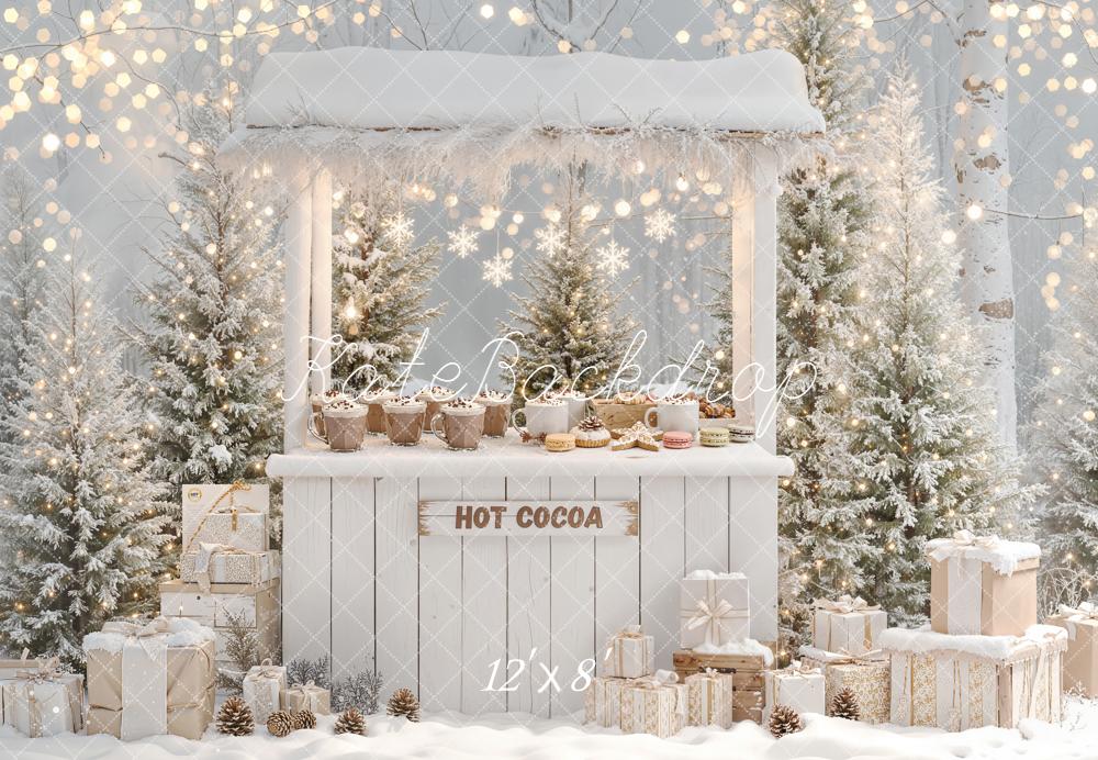 Kate Christmas Hot Cocoa Stand Snowy Trees Fleece Backdrop Designed by Emetselch
