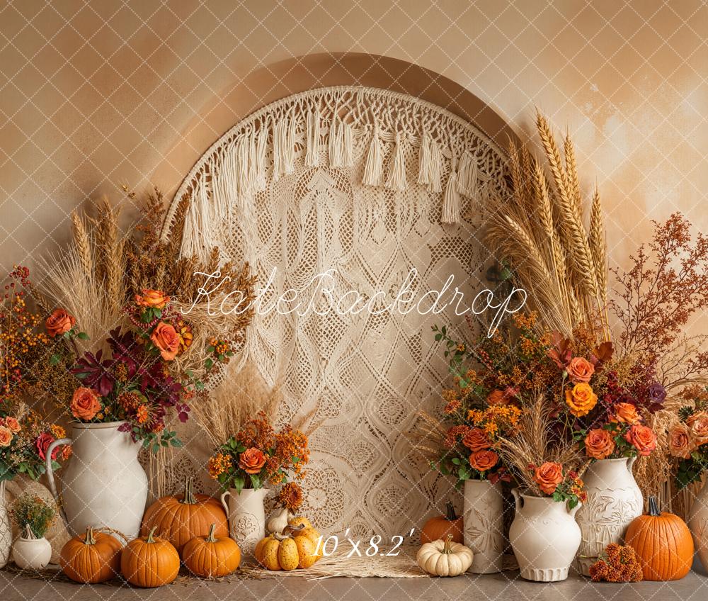 Kate Autumn Boho Pumpkins Macrame Fleece Backdrop Designed by Emetselch -UK