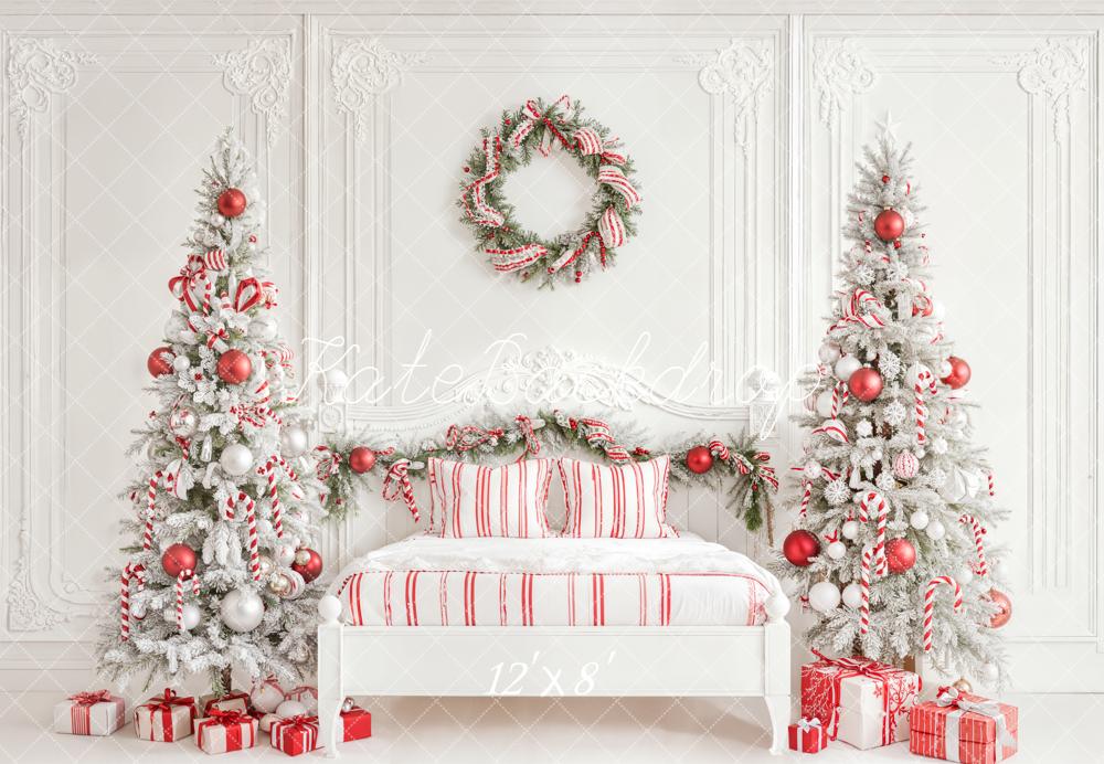 Kate Christmas White Trees Candy Cane Fleece Backdrop Designed by Emetselch -UK