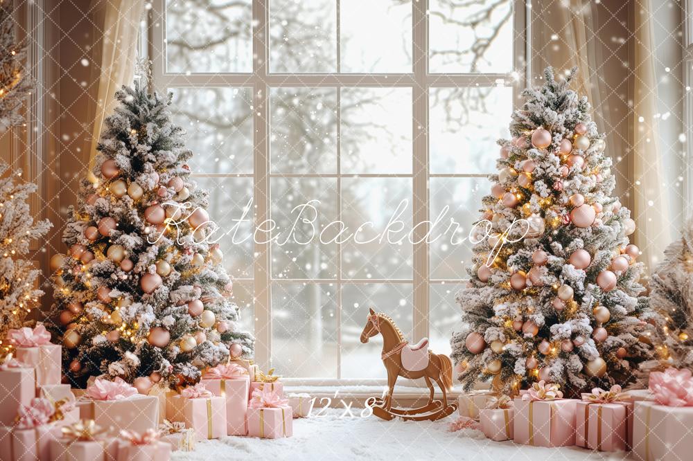 Kate Christmas Snowy Trees Pink Gifts Window Backdrop Designed by Patty Robert -UK