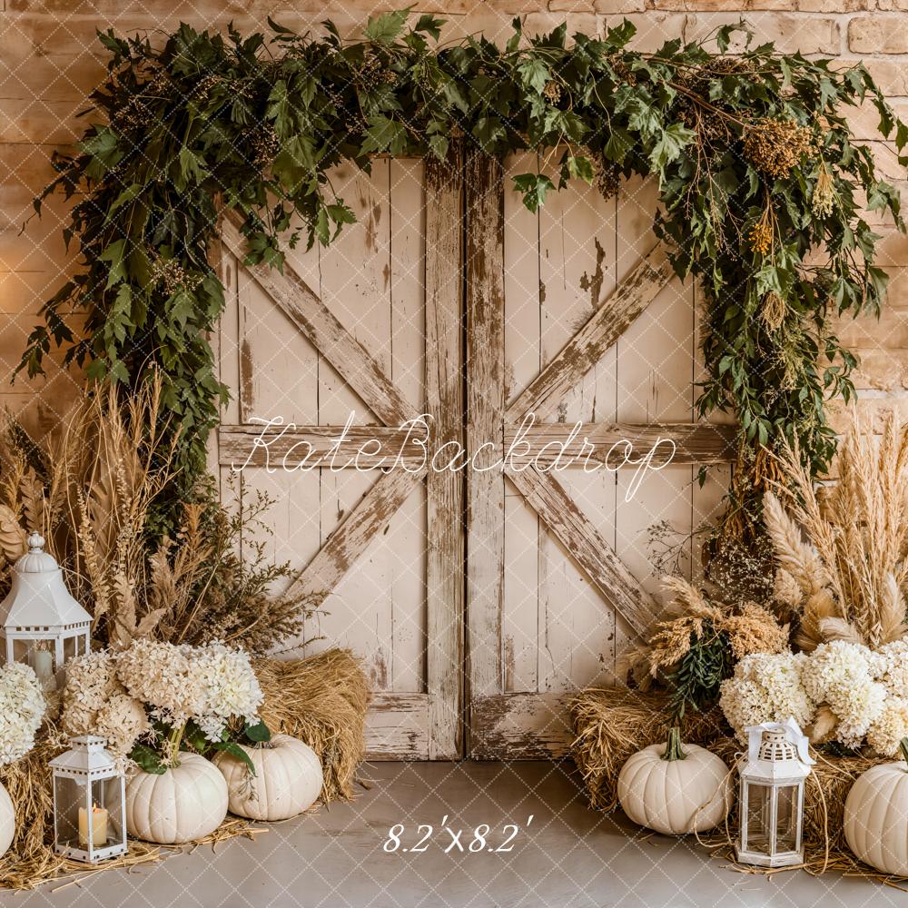 Kate Autumn Barn Door White Pumpkins Lanterns Backdrop Designed by Emetselch