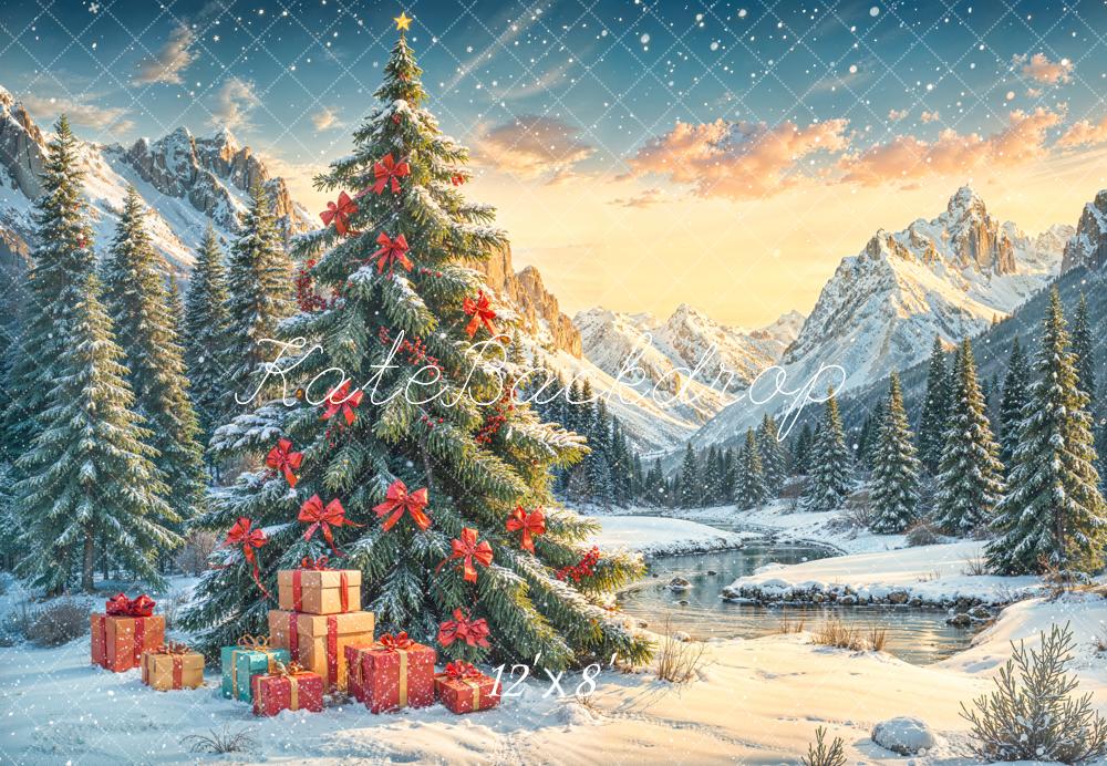 Kate Christmas Tree Snowy Mountains Fleece Backdrop Designed by Emetselch -UK