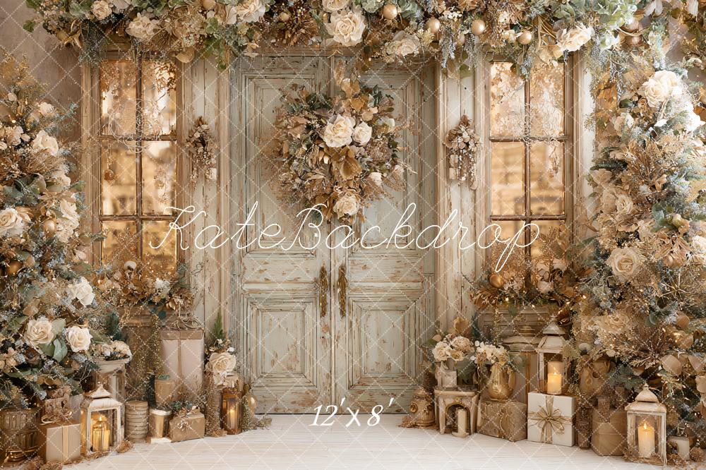 Kate Christmas Floral Garland Vintage Door Lanterns Backdrop Designed by Ashley Paul