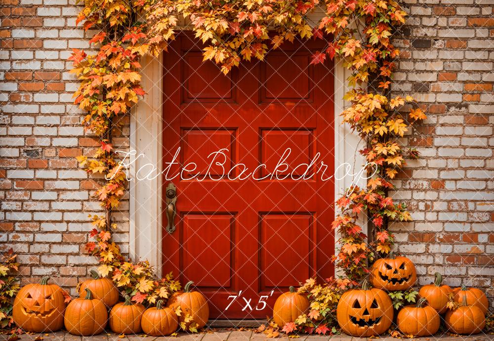 Kate Autumn Halloween Maple Leaves Red Door Backdrop Designed by Emetselch -UK