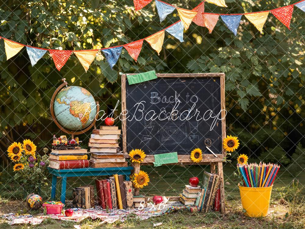Kate Back To School Blackboard Globe Books Backdrop Designed by Emetselch -UK