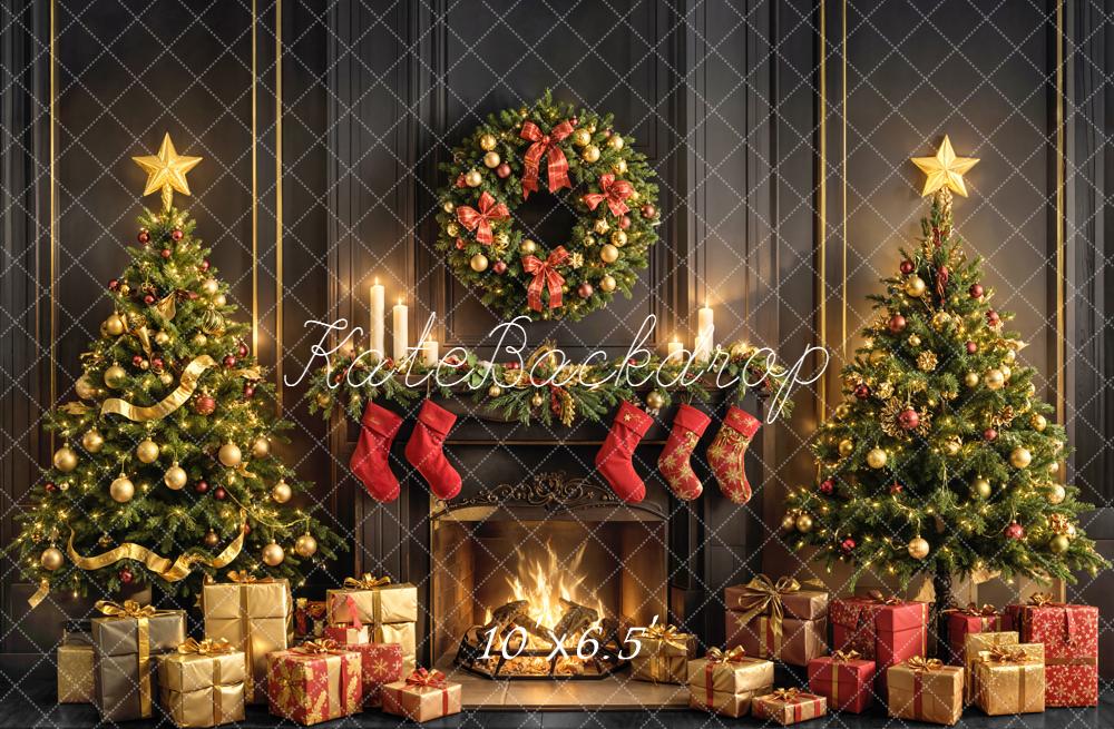 Kate Christmas Fireplace Trees Wreath Stockings Backdrop Designed by Emetselch