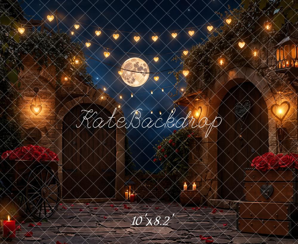 Kate Romantic Courtyard Heart Lights Moon Roses Fleece Backdrop Designed by Emetselch -UK