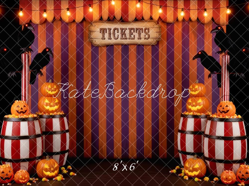 Kate Halloween Circus Striped Barrels Pumpkins Backdrop Designed by Patty Robert