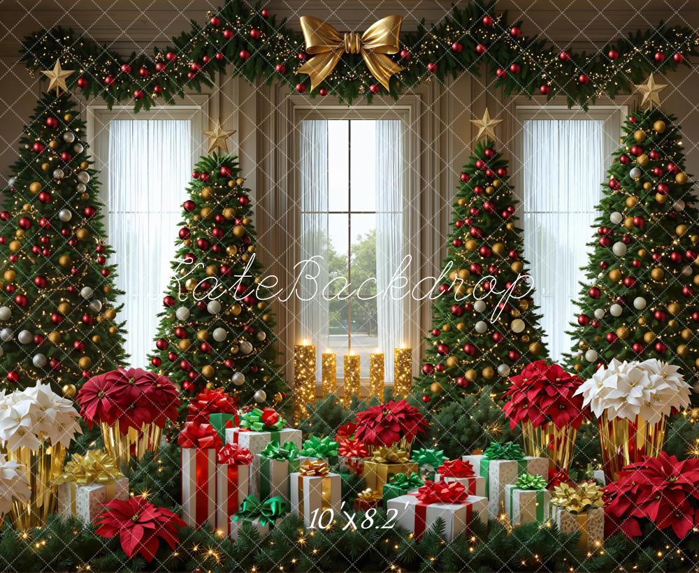 Kate Christmas Trees Presents Poinsettias Garland Backdrop Designed by Mini MakeBelieve