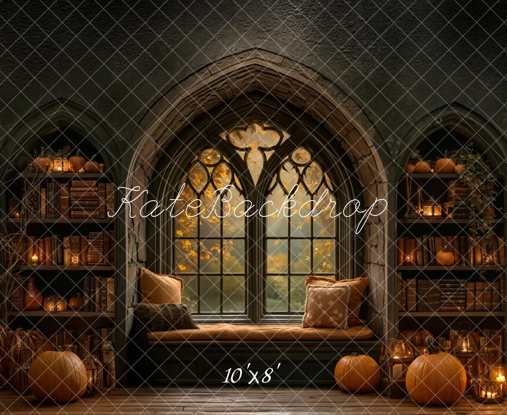 Kate Halloween Gothic Window Bookshelf Pumpkin Fleece Backdrop Designed by Emetselch -UK