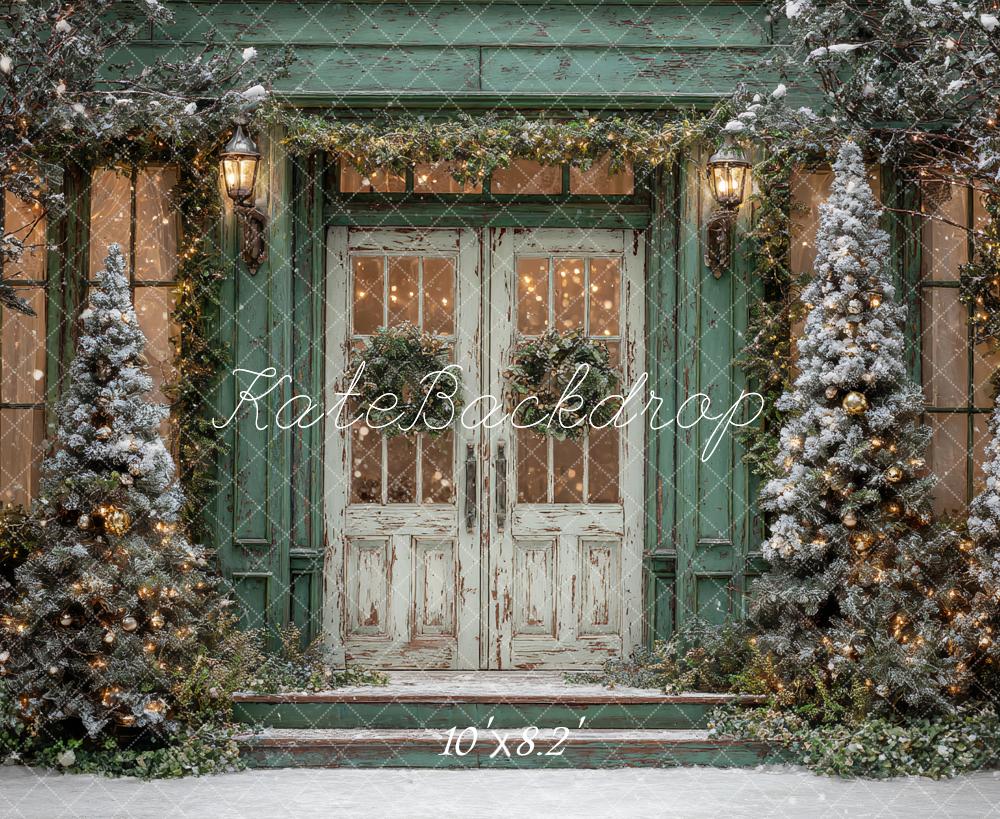 Kate Christmas Snow Frosted Trees Door Green Backdrop Designed by Ashley Paul